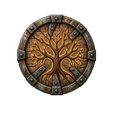 Pixel art wooden shield carved with a branching DOM tree