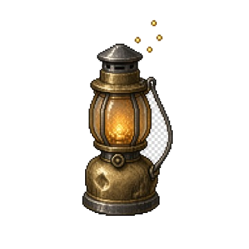 Pixel art brass lantern glowing amber with drifting sparks