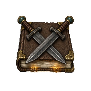 Pixel art crossed blades resting on a leather-bound tome