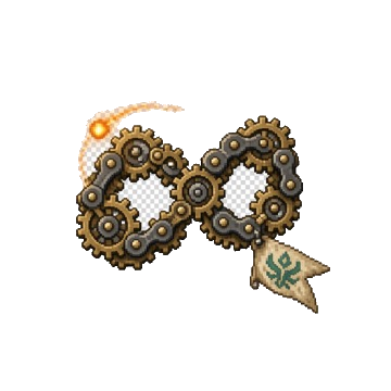 Pixel art figure-eight chain of brass gears with a pennant