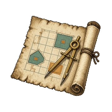 Pixel art blueprint scroll with a brass drafting compass