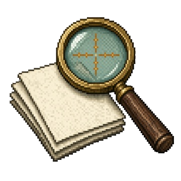Pixel art magnifying glass with an amber reticle over blank interface cards