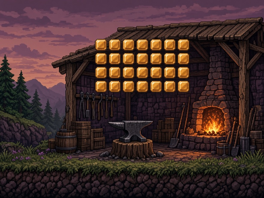 Pixel art roadside forge crafting identical glowing amber component blocks