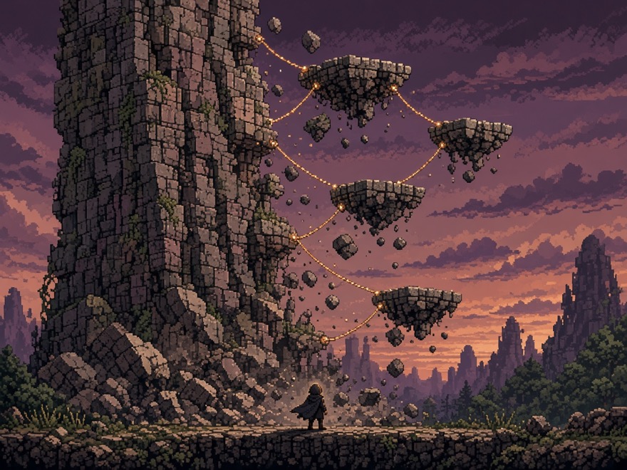 Pixel art stone monolith breaking into linked floating platforms at dusk
