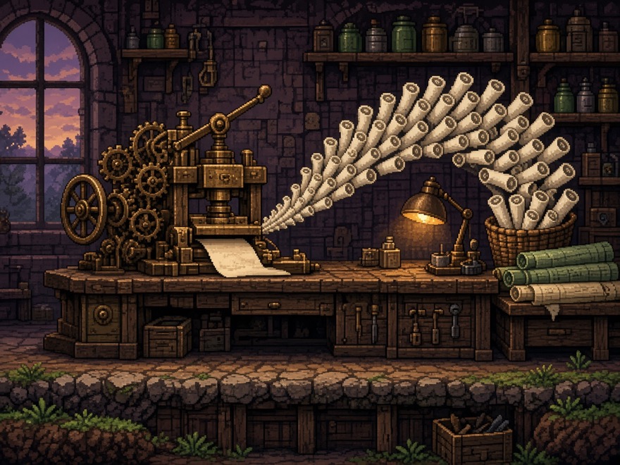 Pixel art inventor's workshop stamping out many identical scrolls